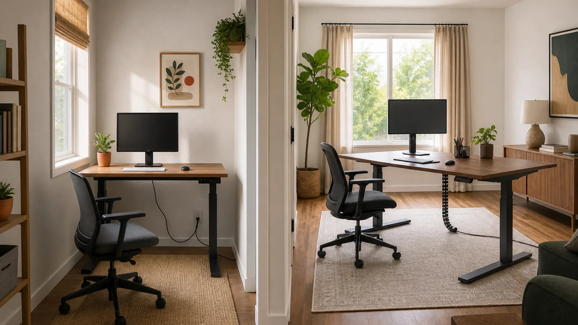 Two generic adjustable desk layouts shown in different room sizes.