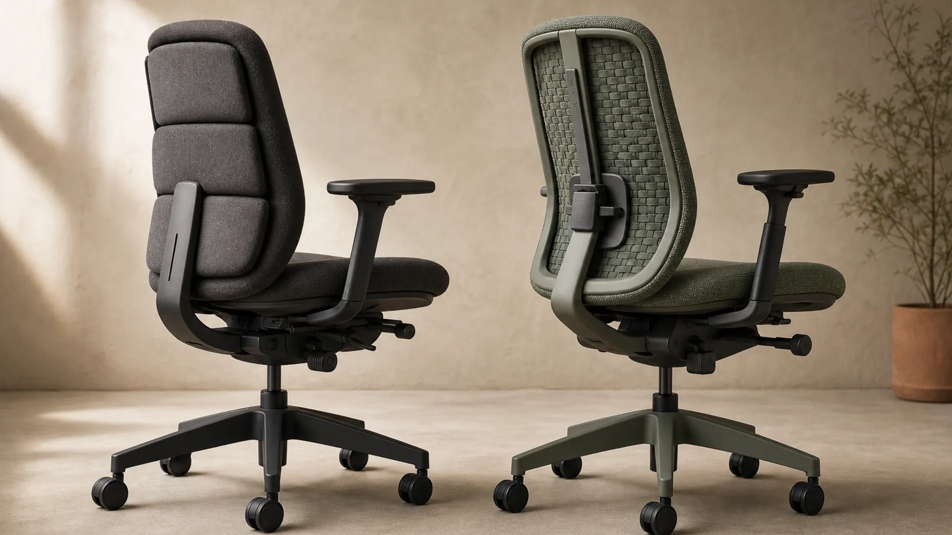 Two generic task-chair silhouettes compared through their adjustment geometry.