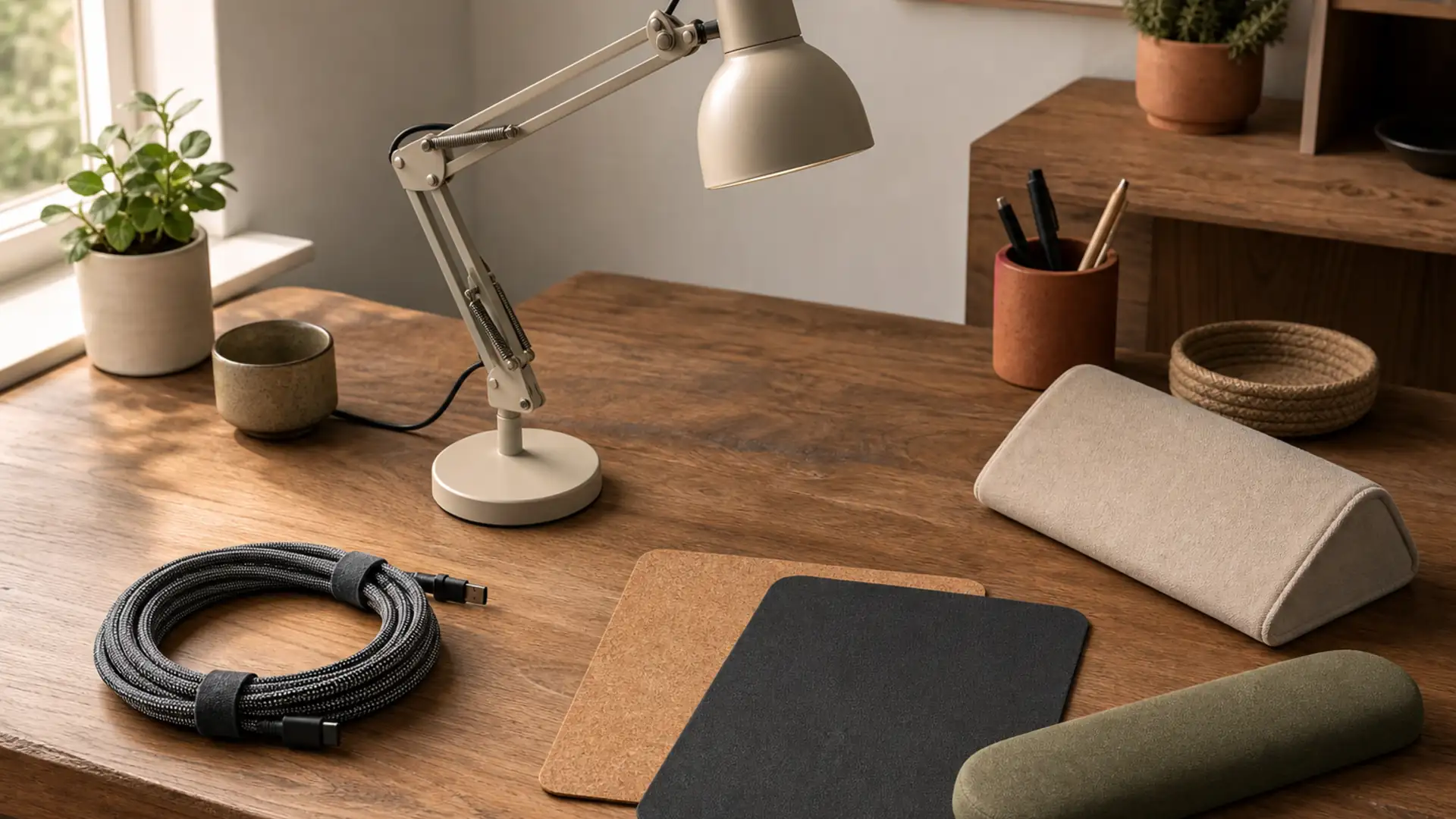 Useful home-office categories arranged on a warm studio workbench.