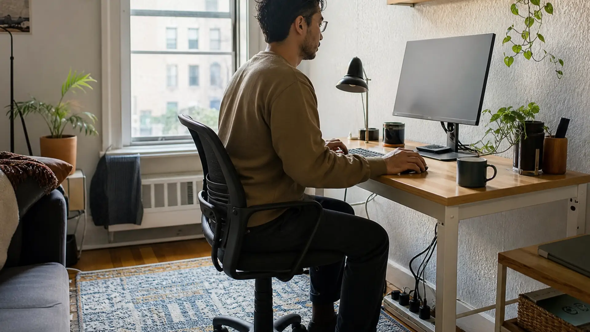 A complete attainable home office arranged in a modest room.