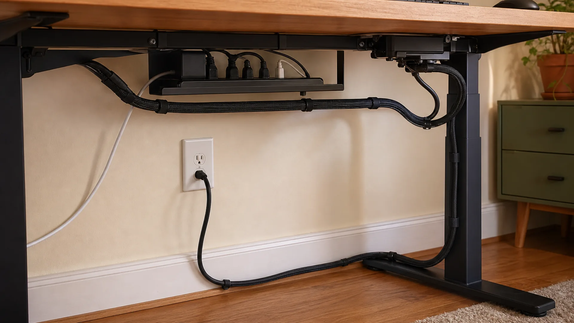 A clean, realistic cable route beneath a wooden desk.