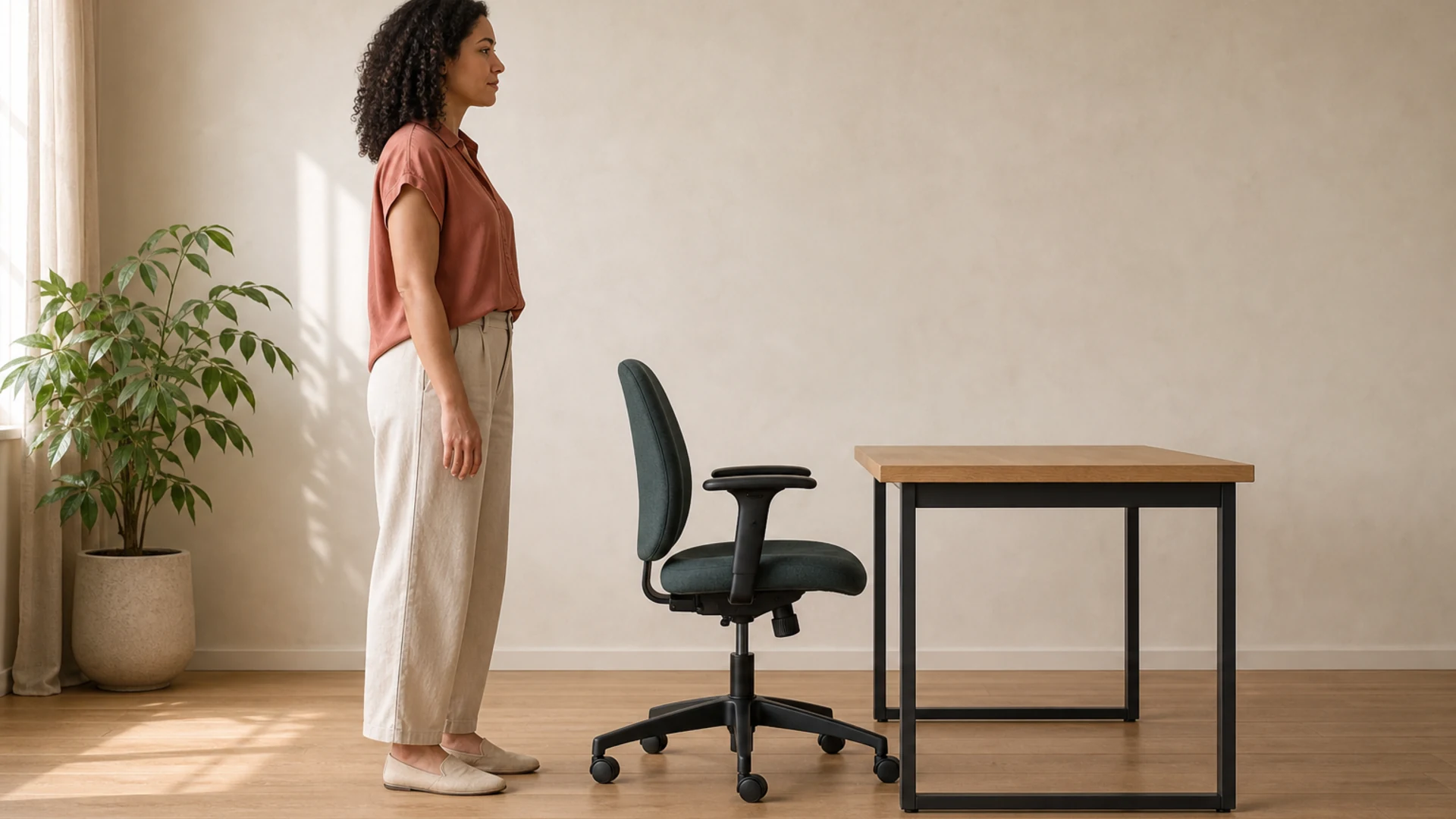 A chair seat and desk surface aligned for a body-height reference.