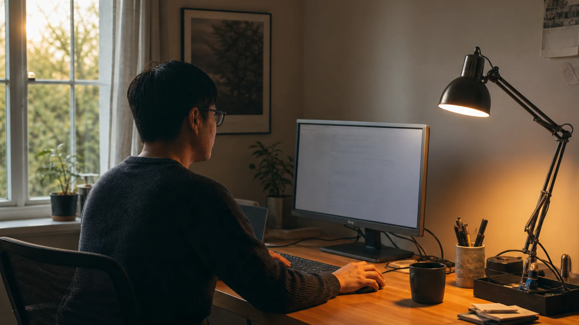 A home workspace balanced between soft window light and a task lamp.