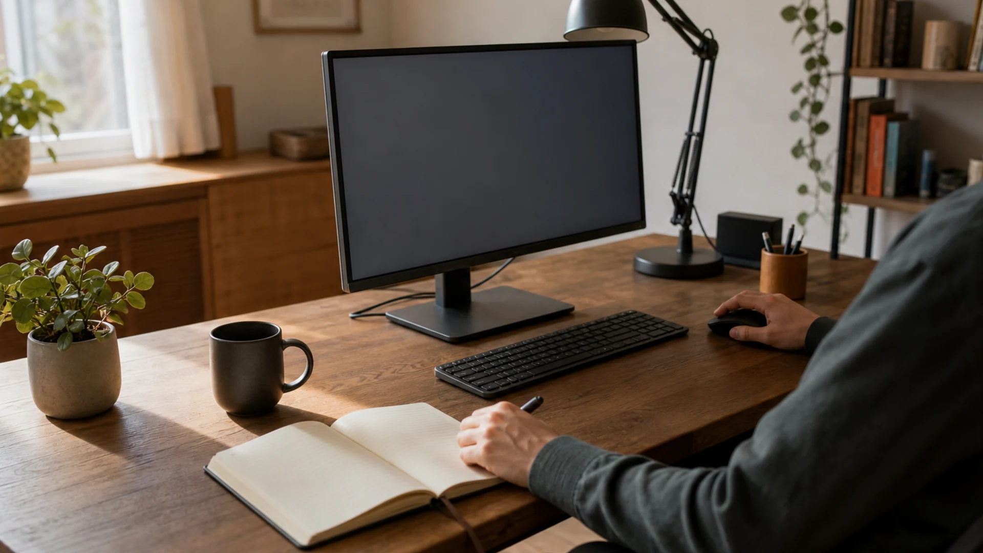 A deep work surface arranged to show comfortable reach and viewing distance.