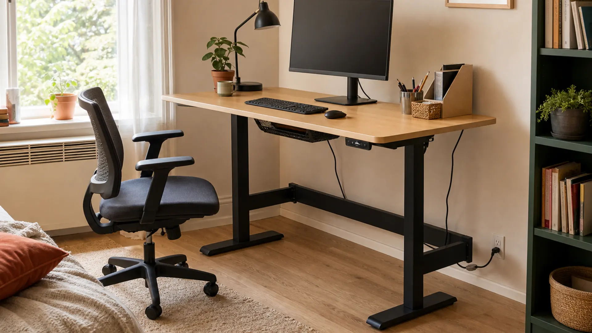An attainable adjustable workstation in a bright compact room.