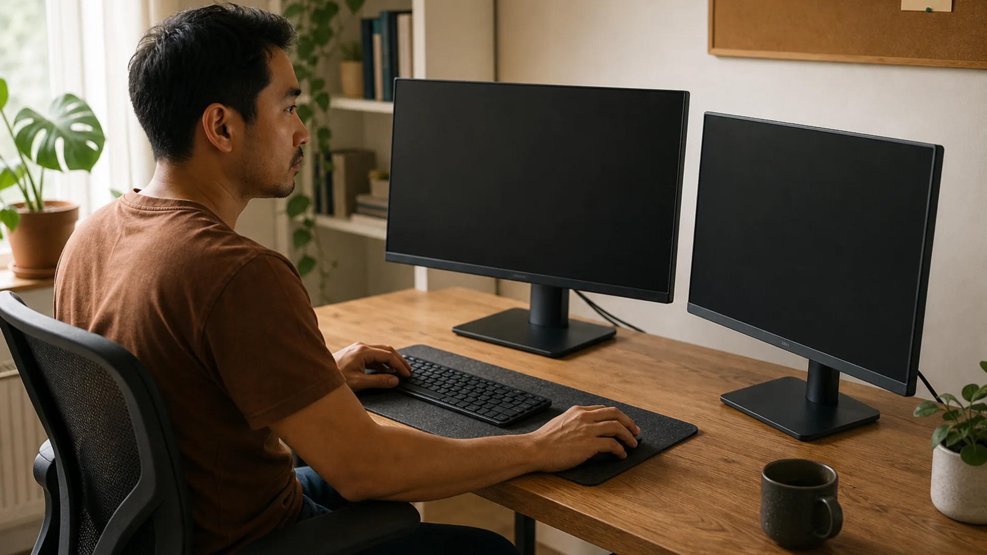 A focused worker moving naturally between two blank monitors.
