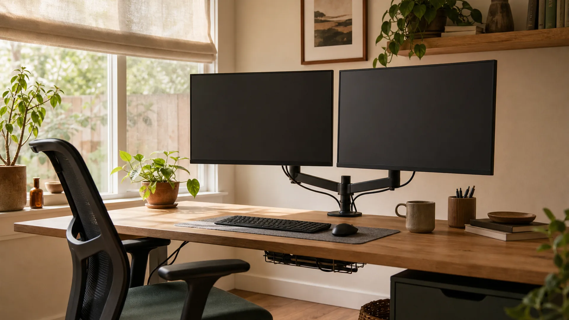 A balanced dual-monitor workstation fitted into a lived-in home office.