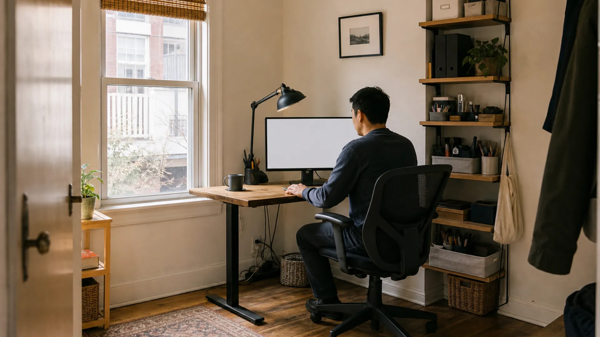 A compact home office using vertical storage without feeling crowded.