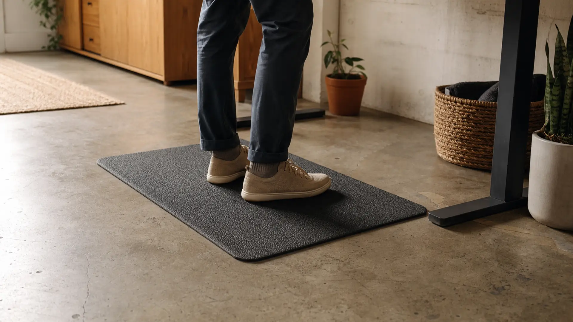 A person standing naturally on a textured mat over a concrete floor.