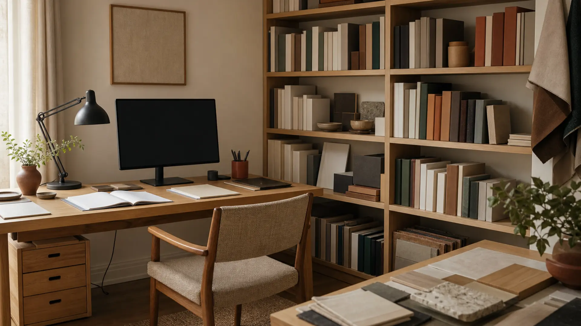 An inviting workspace library with material samples and practical reference notes.
