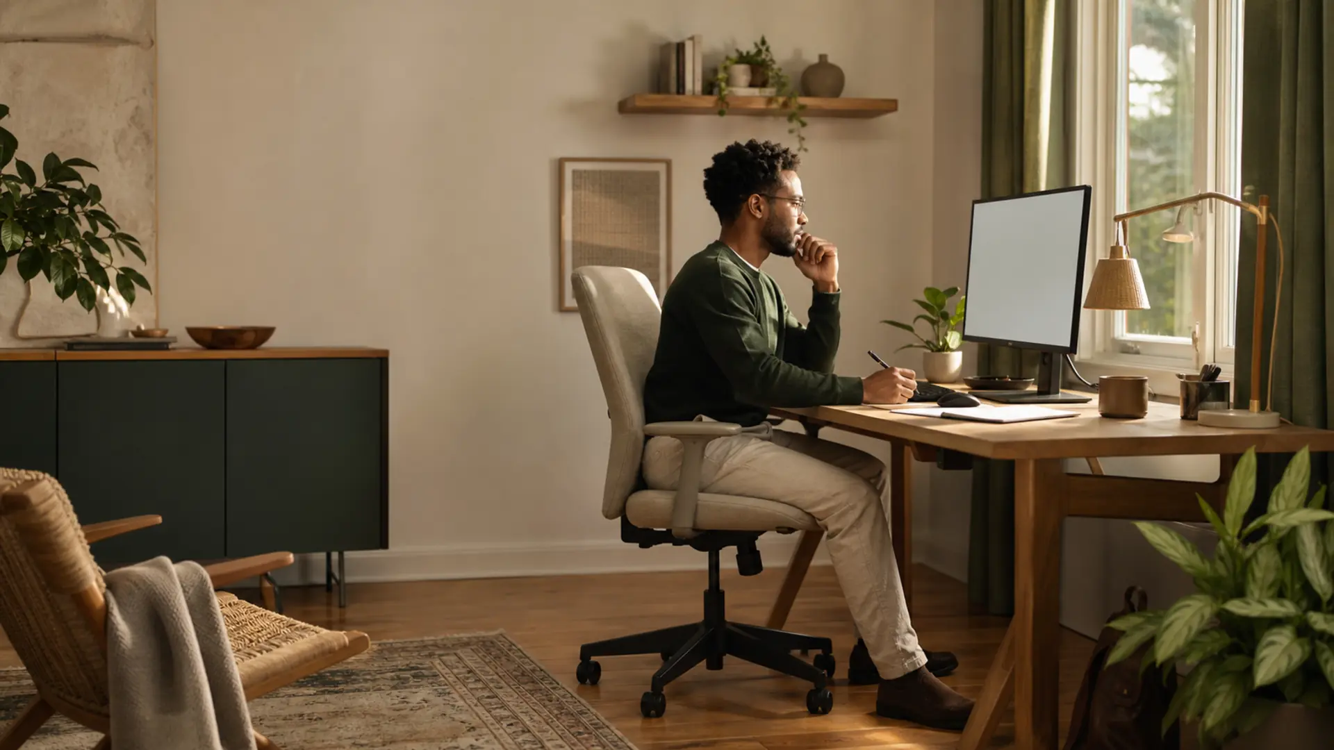 Warm editorial home workspace with an adjustable chair, desk, and monitor ready for personalized fit measurements